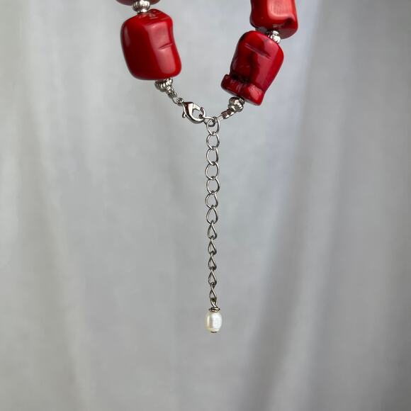 Vintage Y2K Chunky Natural Red Coral Bracelet Silver Tone Chain Pearl Adjustable - Picture 6 of 16